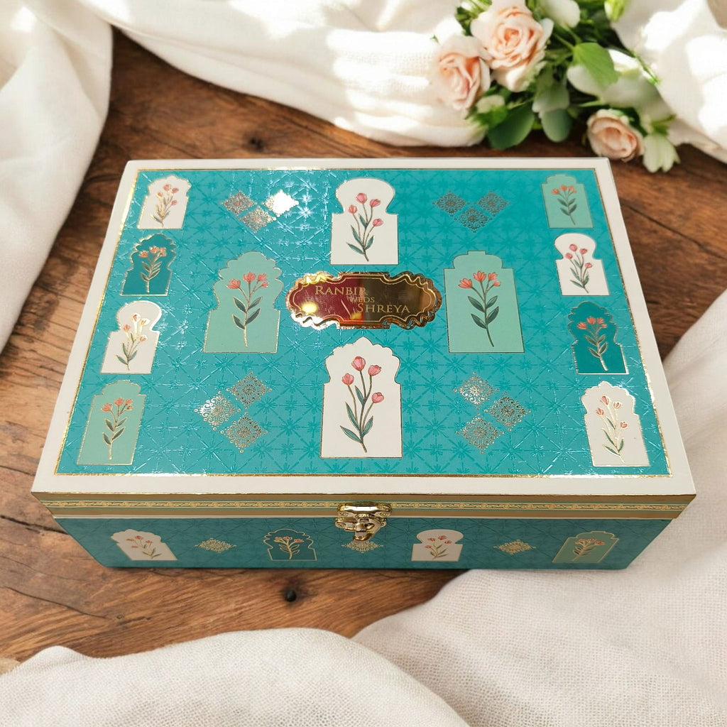 KL9044B Floral Design Luxury MDF Wedding Gift Box with 2 Printed Card Inserts and Ganesh Murti (2 Jars) - Kalash Cards