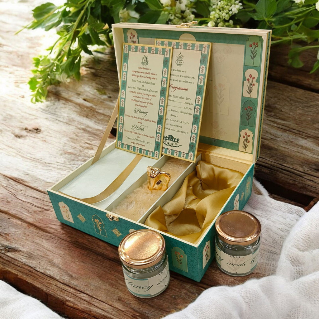 KL9044B Floral Design Luxury MDF Wedding Gift Box with 2 Printed Card Inserts and Ganesh Murti (2 Jars) - Kalash Cards