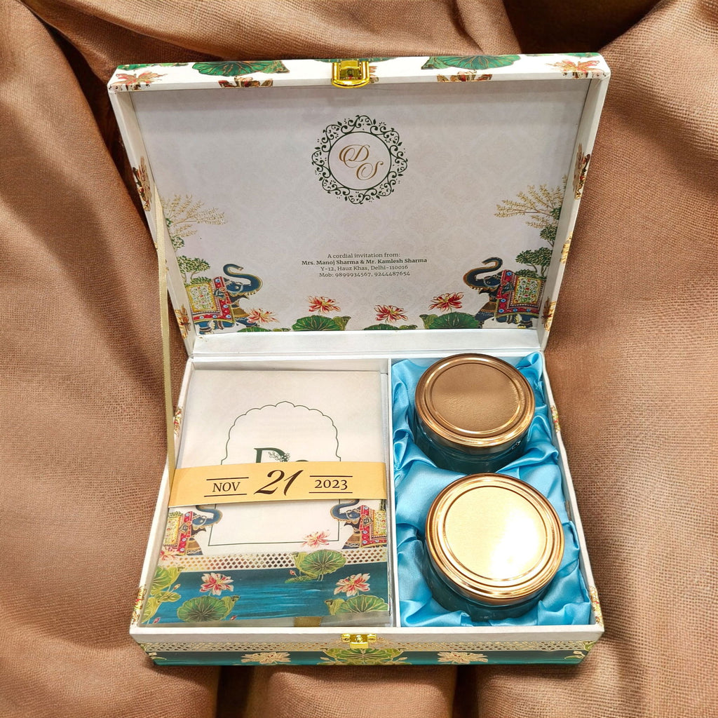 KL9045B Elegant Elephant Design Luxury MDF Wedding Gift Box with 2 Translucent Cover Foil Printed Card Inserts (2 Jars) - Kalash Cards