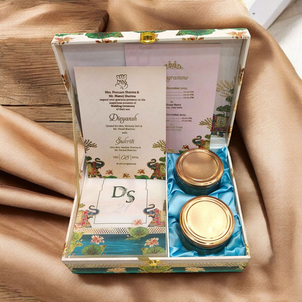 KL9045B Elegant Elephant Design Luxury MDF Wedding Gift Box with 2 Translucent Cover Foil Printed Card Inserts (2 Jars) - Kalash Cards