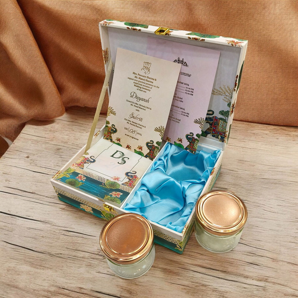 KL9045B Elegant Elephant Design Luxury MDF Wedding Gift Box with 2 Translucent Cover Foil Printed Card Inserts (2 Jars) - Kalash Cards