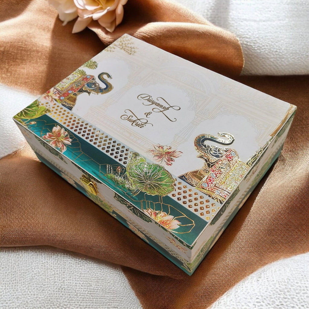 KL9045B Elegant Elephant Design Luxury MDF Wedding Gift Box with 2 Translucent Cover Foil Printed Card Inserts (2 Jars) - Kalash Cards