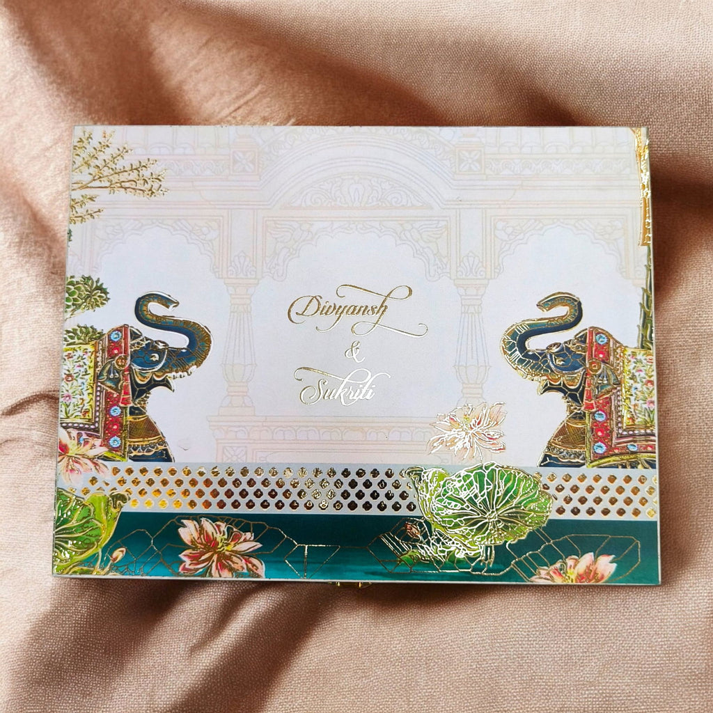 KL9045B Elegant Elephant Design Luxury MDF Wedding Gift Box with 2 Translucent Cover Foil Printed Card Inserts (2 Jars) - Kalash Cards