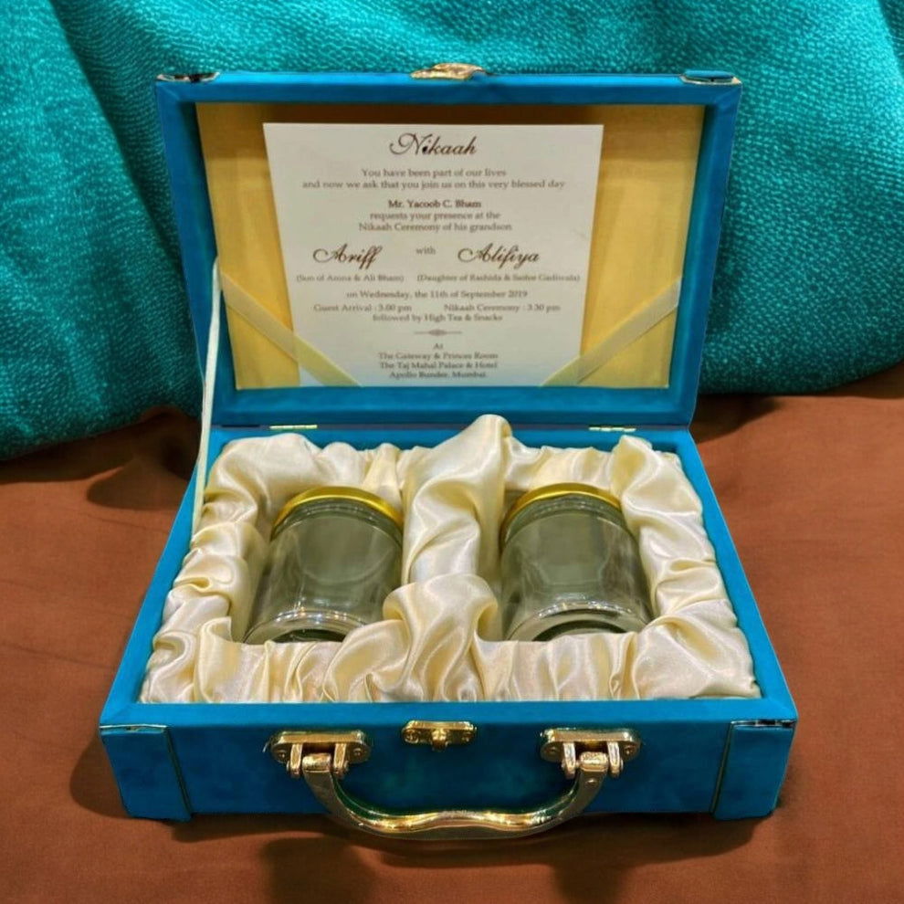 KL9060B Velvet Fabric MDF Dry Fruit Box with 2 Printed Card Inserts (2 Jars) - Kalash Cards