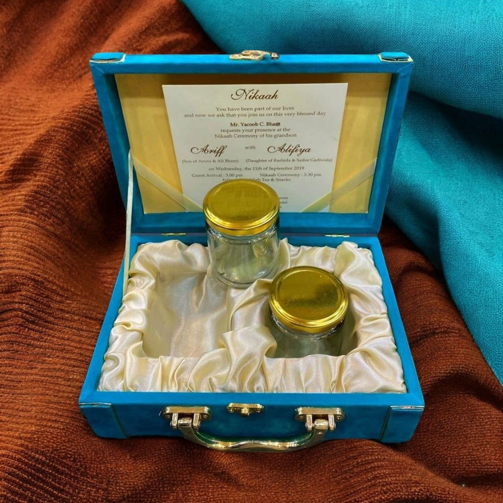 KL9060B Velvet Fabric MDF Dry Fruit Box with 2 Printed Card Inserts (2 Jars) - Kalash Cards