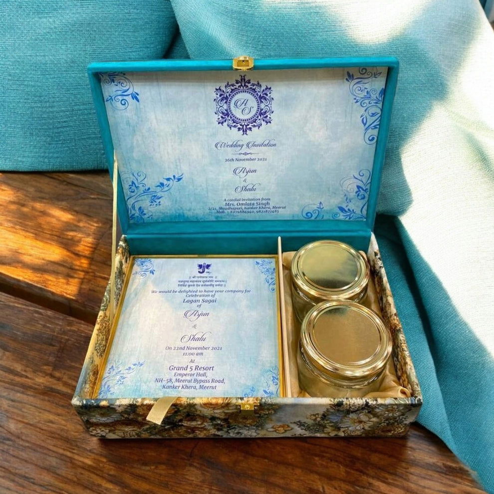 KL9062B Velvet Fabric MDF Dry Fruit Box with 2 Printed Card Inserts (2 Jars) - Kalash Cards