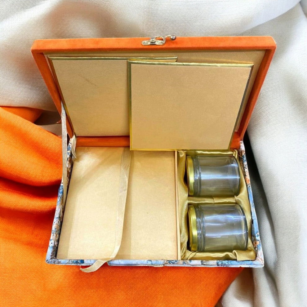 KL9072B Velvet Fabric MDF Dry Fruit Gift Box with 2 Printed Card Inserts, Religion Sticker and Couple Name Sticker (2 Jars) - Kalash Cards