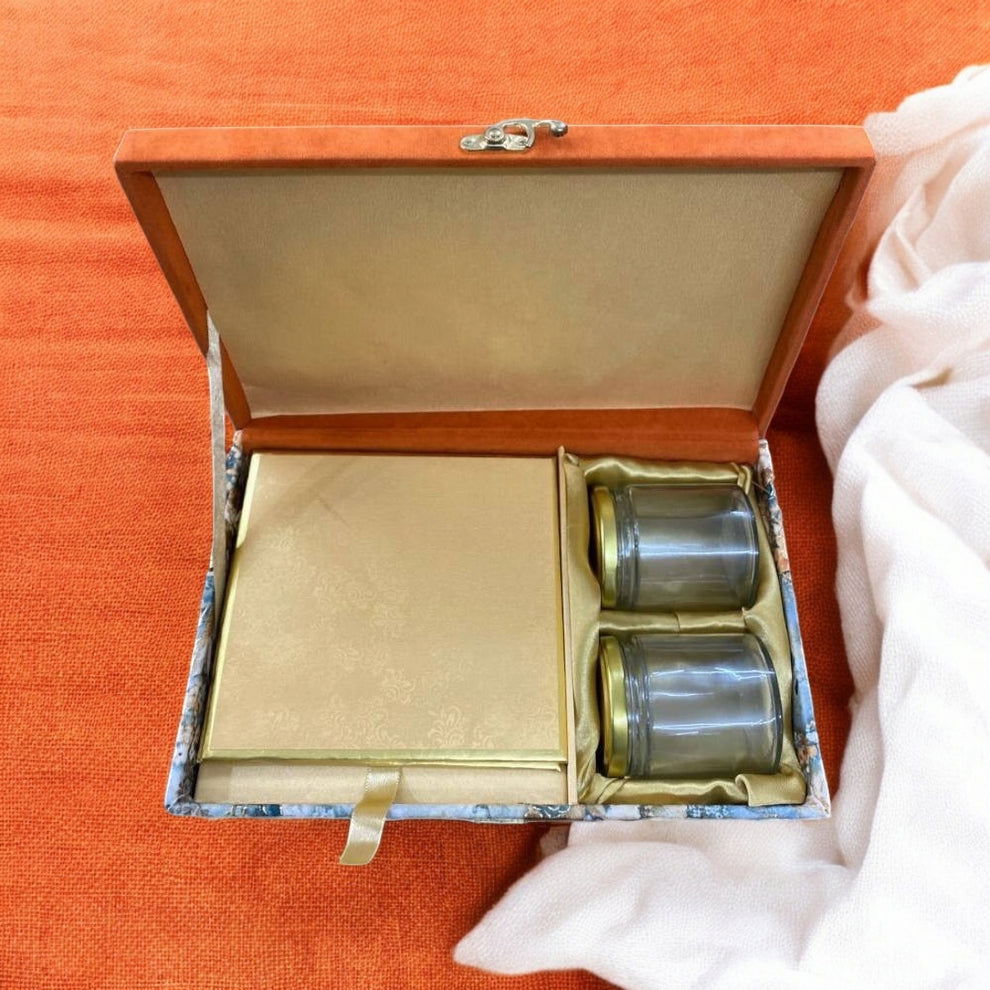 KL9072B Velvet Fabric MDF Dry Fruit Gift Box with 2 Printed Card Inserts, Religion Sticker and Couple Name Sticker (2 Jars) - Kalash Cards