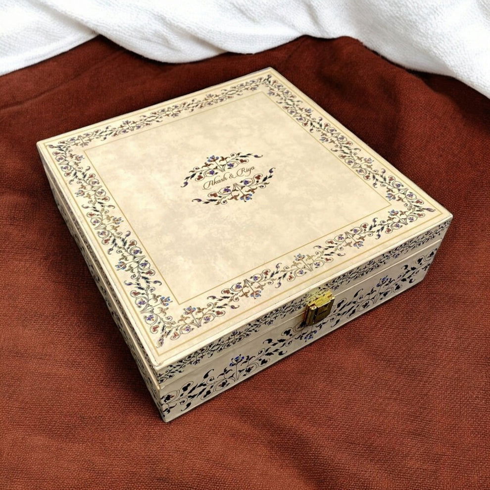 KL9074B Traditional Royal Border Design MDF Dry Fruit Gift Wedding Box with 2 Printed Card Inserts (2 Jars) - Kalash Cards