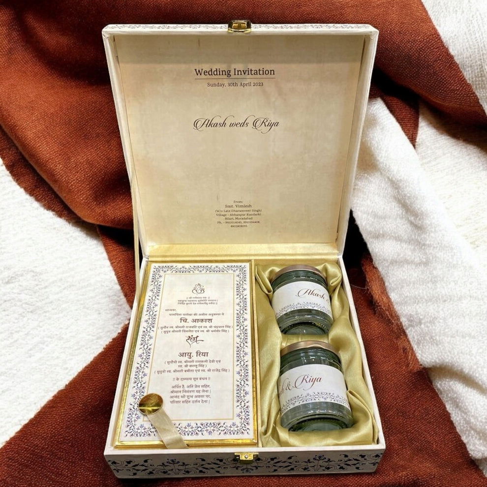 KL9074B Traditional Royal Border Design MDF Dry Fruit Gift Wedding Box with 2 Printed Card Inserts (2 Jars) - Kalash Cards