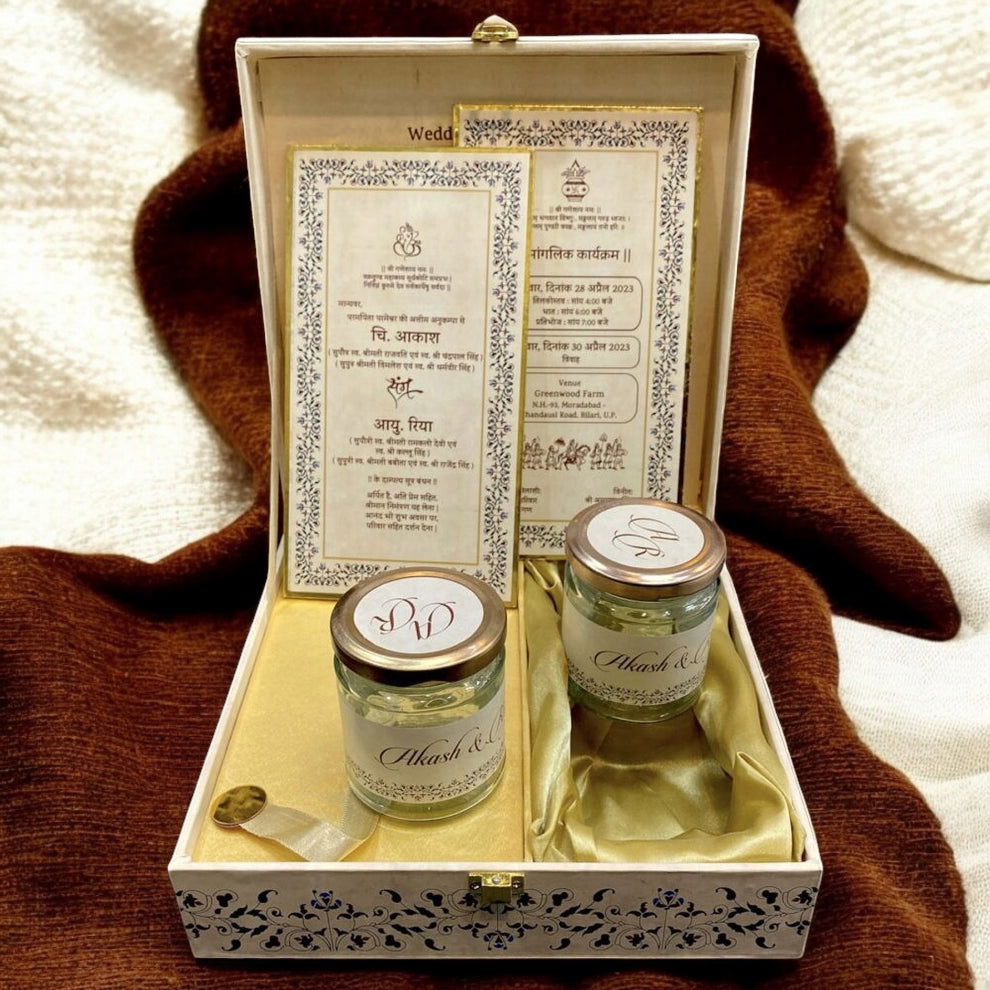 KL9074B Traditional Royal Border Design MDF Dry Fruit Gift Wedding Box with 2 Printed Card Inserts (2 Jars) - Kalash Cards