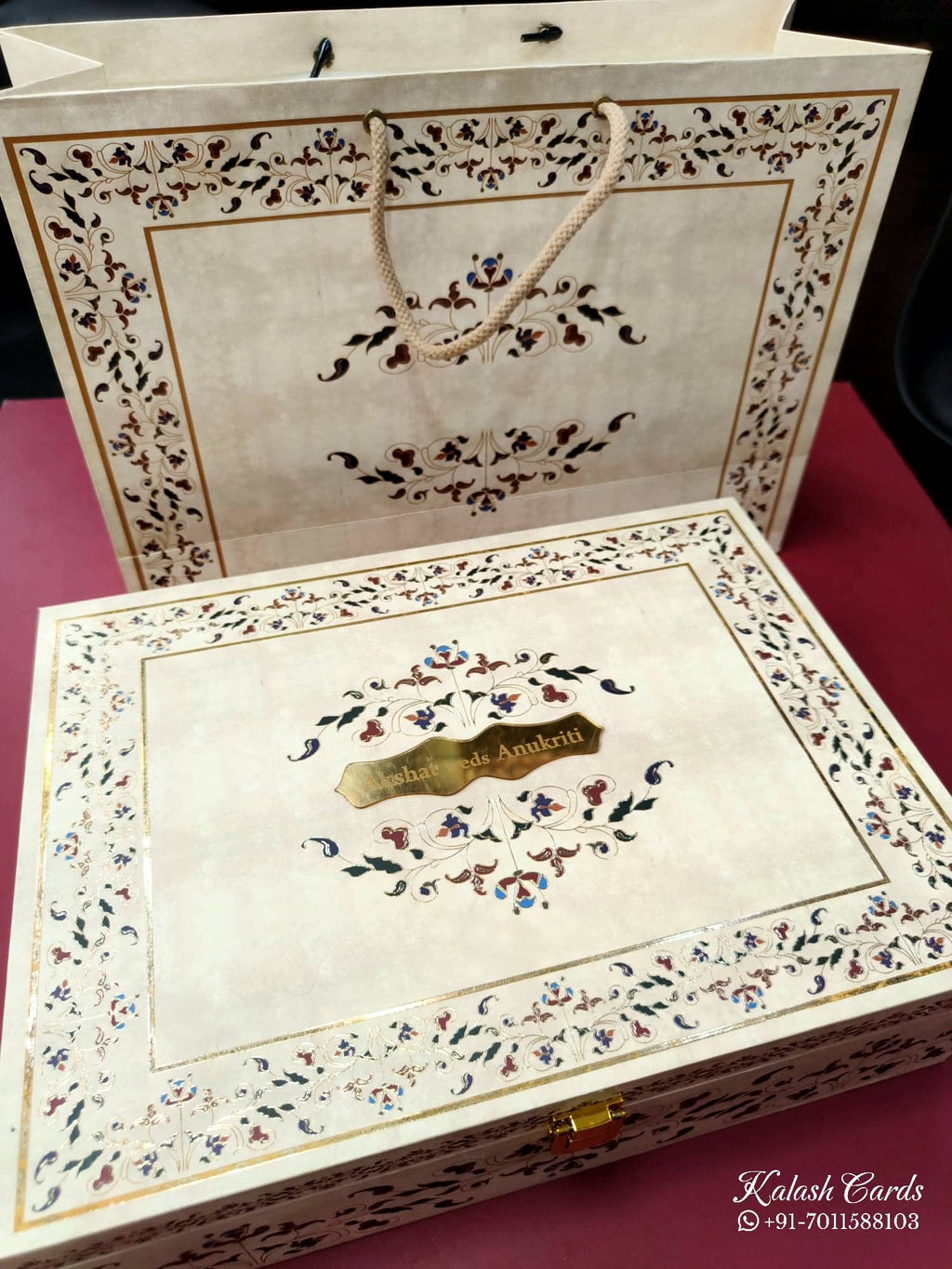 KL9083 Exclusive Floral Border Design Wood MDF Luxury Gift Box with Matching Carry Bag & 2 Page Translucent Cover Card (2 Jars 250gm each approx)