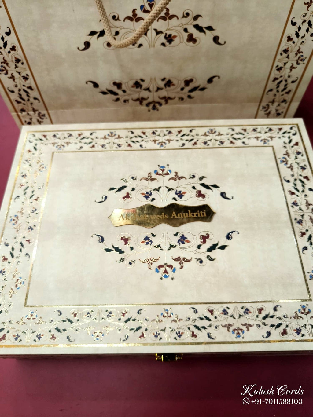 KL9083 Exclusive Floral Border Design Wood MDF Luxury Gift Box with Matching Carry Bag & 2 Page Translucent Cover Card (2 Jars 250gm each approx)