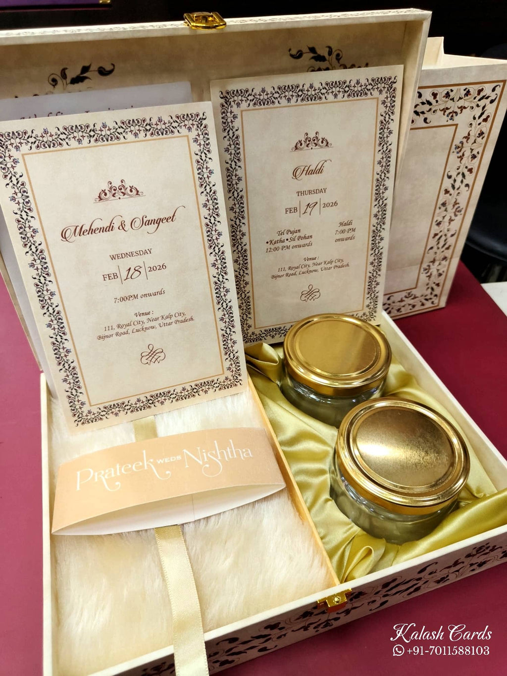 KL9083 Exclusive Floral Border Design Wood MDF Luxury Gift Box with Matching Carry Bag & 2 Page Translucent Cover Card (2 Jars 250gm each approx)