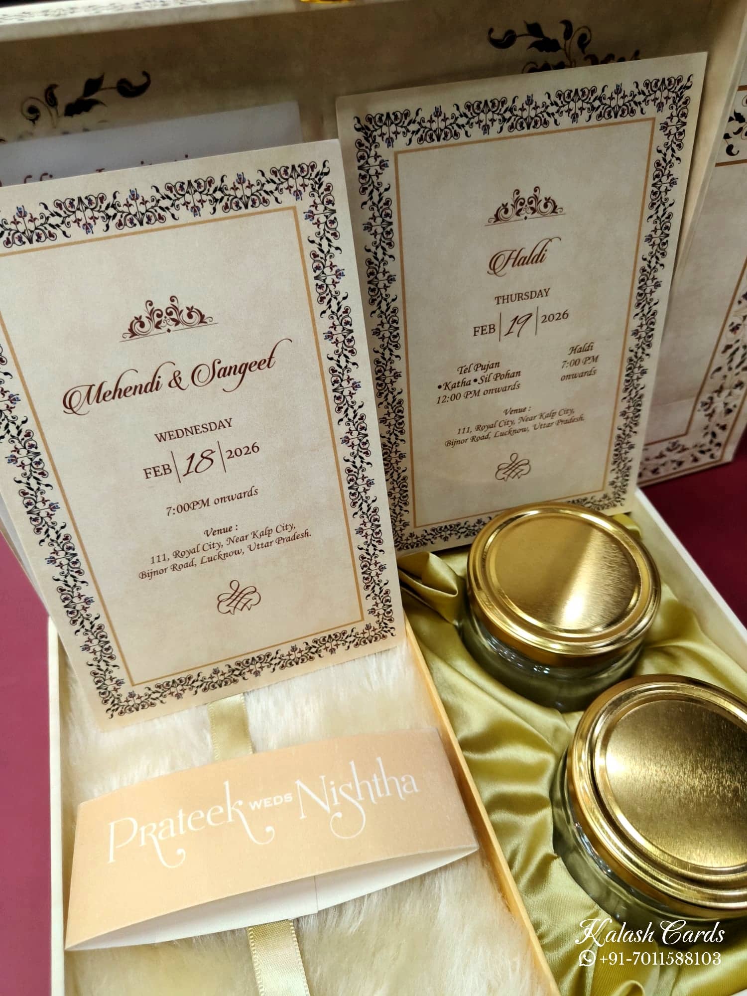 KL9083 Exclusive Floral Border Design Wood MDF Luxury Gift Box with Matching Carry Bag & 2 Page Translucent Cover Card (2 Jars 250gm each approx)