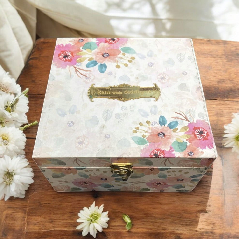 KL9092B Elegant Floral Design MDF Dry Fruit Box with 2 Printed Card Inserts (4 Jars) - Kalash Cards