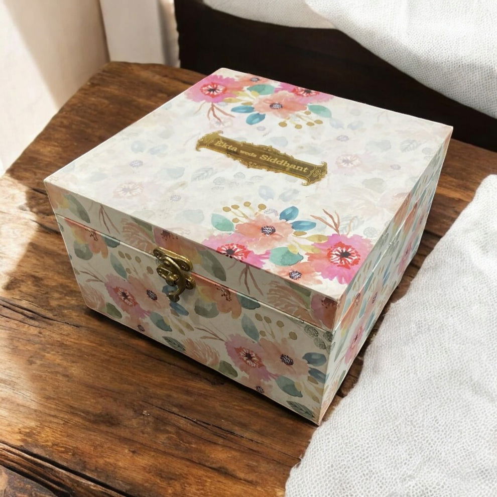 KL9092B Elegant Floral Design MDF Dry Fruit Box with 2 Printed Card Inserts (4 Jars) - Kalash Cards