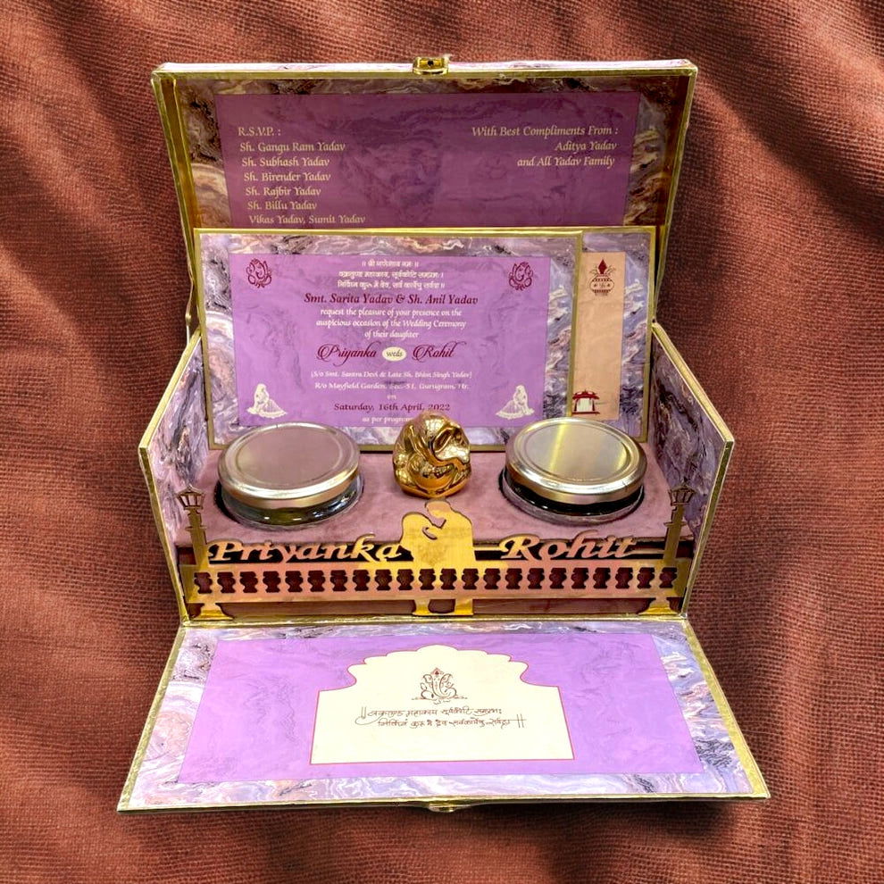 KL9093B MDF Dry Fruit Box with 2 Printed Card Inserts & Ganesh Murti (2 Jars) - Kalash Cards