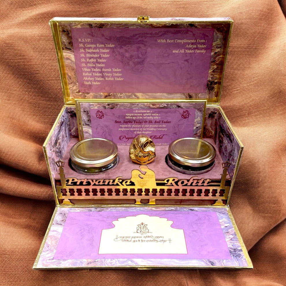 KL9093B MDF Dry Fruit Box with 2 Printed Card Inserts & Ganesh Murti (2 Jars) - Kalash Cards