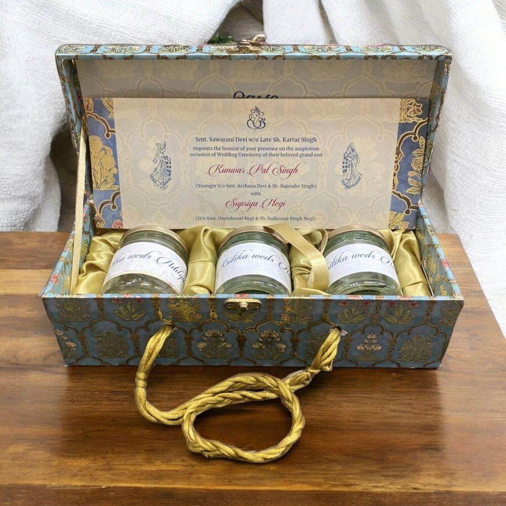 KL9094B MDF Dry Fruit Box with 2 Printed Card Insert (3 Jars) - Kalash Cards