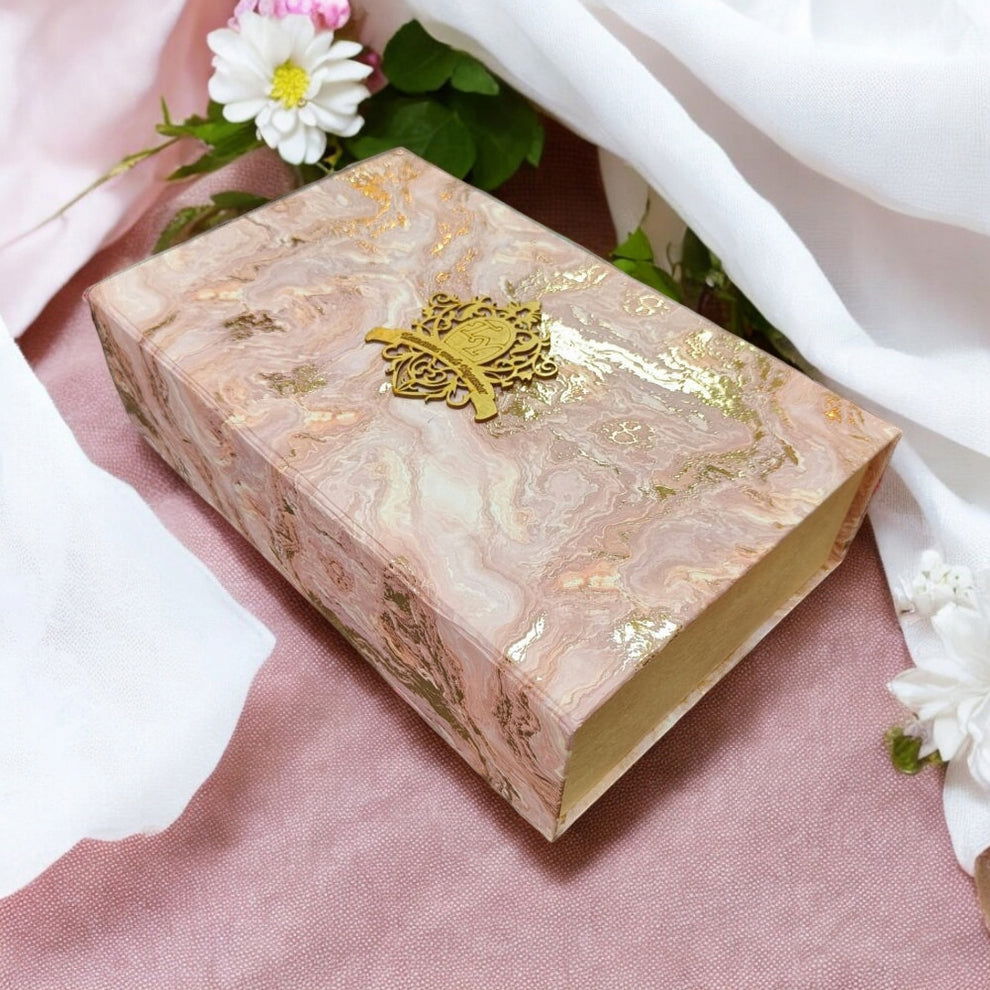 KL9106 Pink Abstract Design Cardboard Dry Fruit Wedding Gift Box with 2 Printed Card Inserts (3 Jars) - Kalash Cards