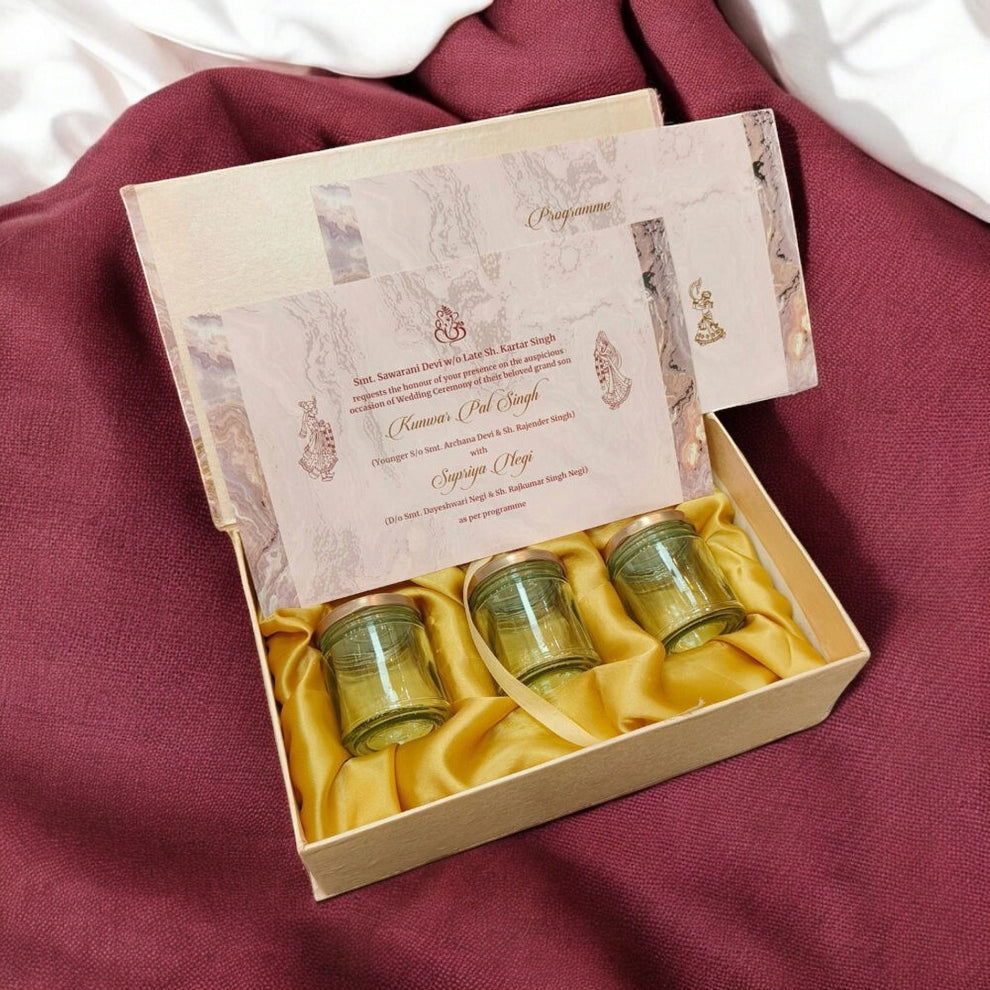 KL9106 Pink Abstract Design Cardboard Dry Fruit Wedding Gift Box with 2 Printed Card Inserts (3 Jars) - Kalash Cards