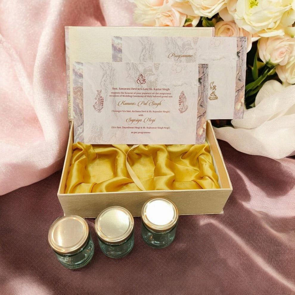 KL9106 Pink Abstract Design Cardboard Dry Fruit Wedding Gift Box with 2 Printed Card Inserts (3 Jars) - Kalash Cards
