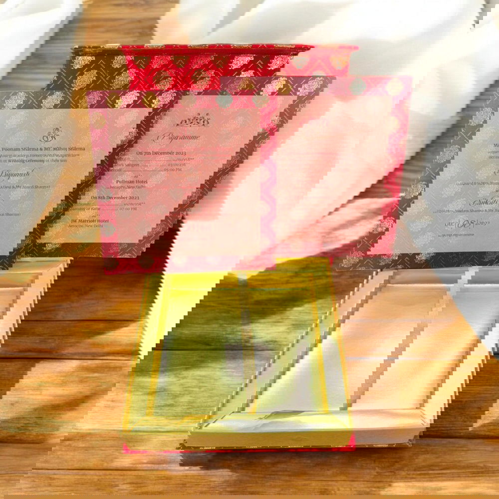 KL9110 Cardboard Wedding Bhaji Mithai Gift Box with Golden Tray and 2 Printed Card Inserts - Kalash Cards