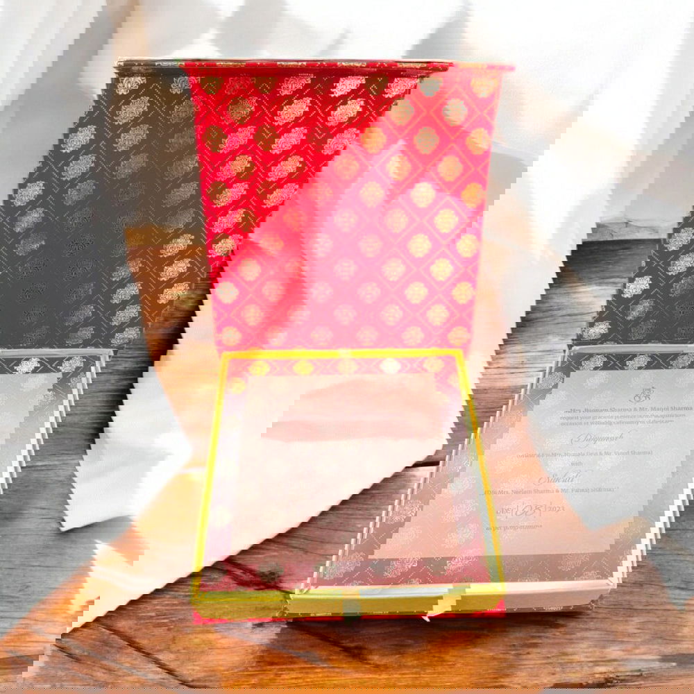 KL9110 Cardboard Wedding Bhaji Mithai Gift Box with Golden Tray and 2 Printed Card Inserts - Kalash Cards