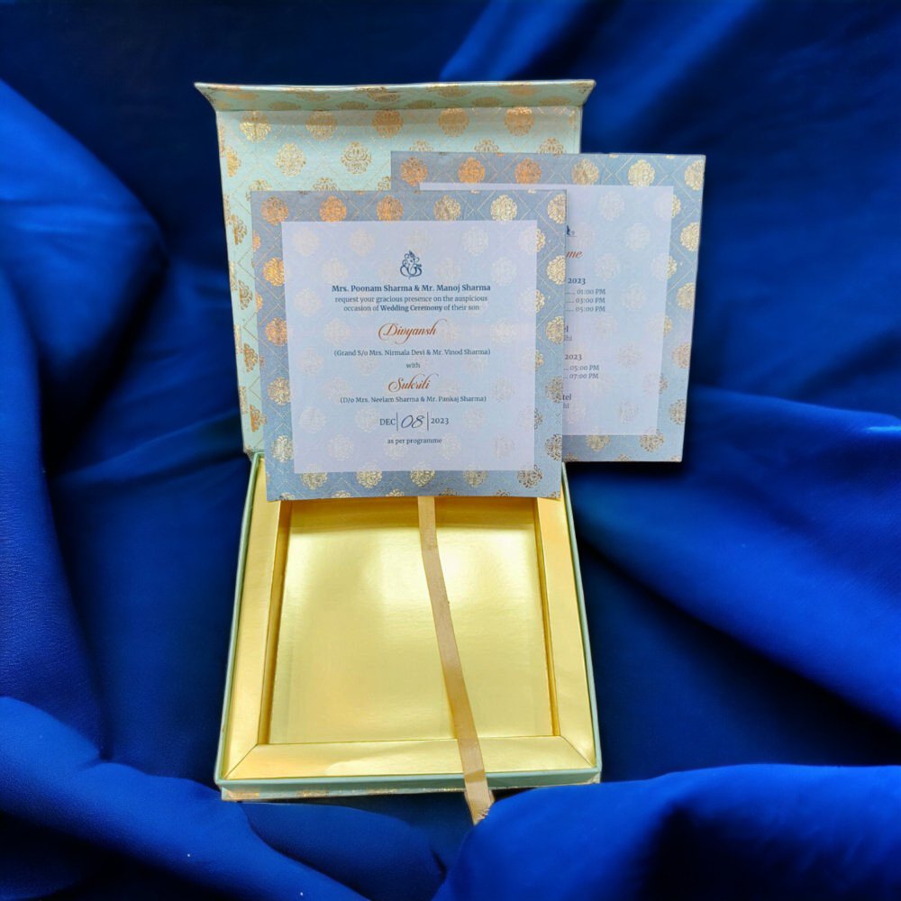 KL9112 Cardboard Wedding Bhaji Mithai Gift Box with Golden Tray with 2 Printed Card Inserts - Kalash Cards