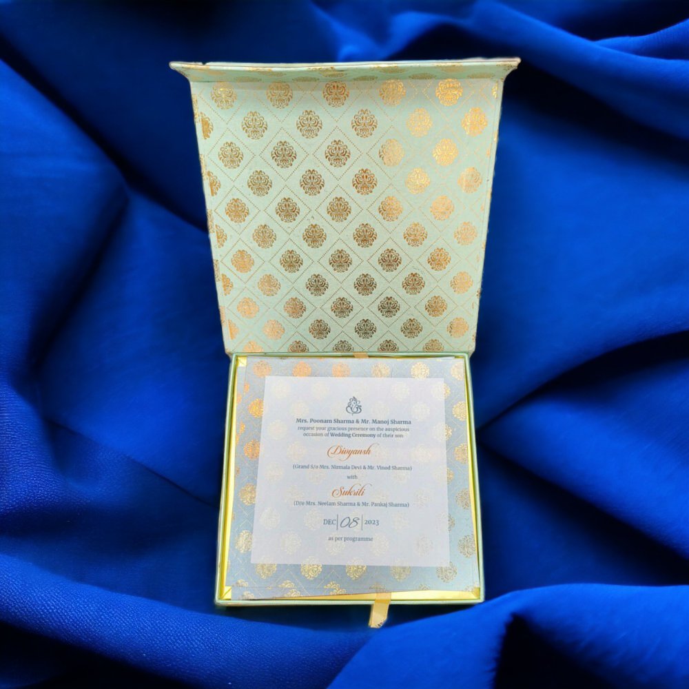 KL9112 Cardboard Wedding Bhaji Mithai Gift Box with Golden Tray with 2 Printed Card Inserts - Kalash Cards