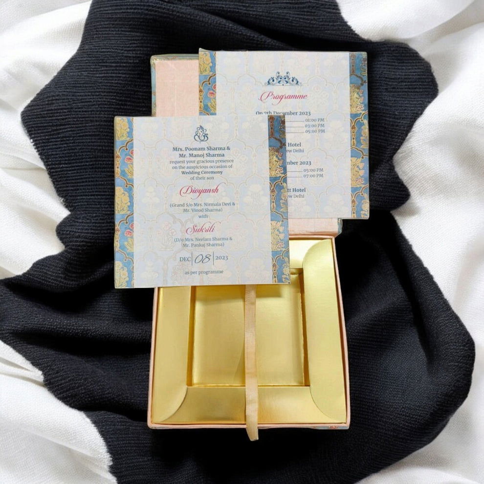 KL9113 Cardboard Wedding Bhaji Mithai Gift Box with Golden Tray with 2 Printed Card Inserts and Customised Mirror on Top - Kalash Cards