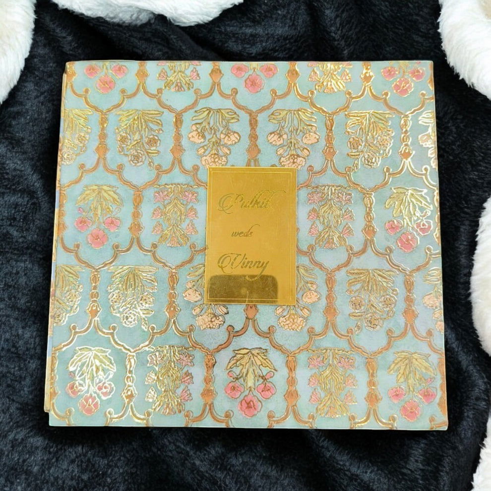 KL9113 Cardboard Wedding Bhaji Mithai Gift Box with Golden Tray with 2 Printed Card Inserts and Customised Mirror on Top - Kalash Cards