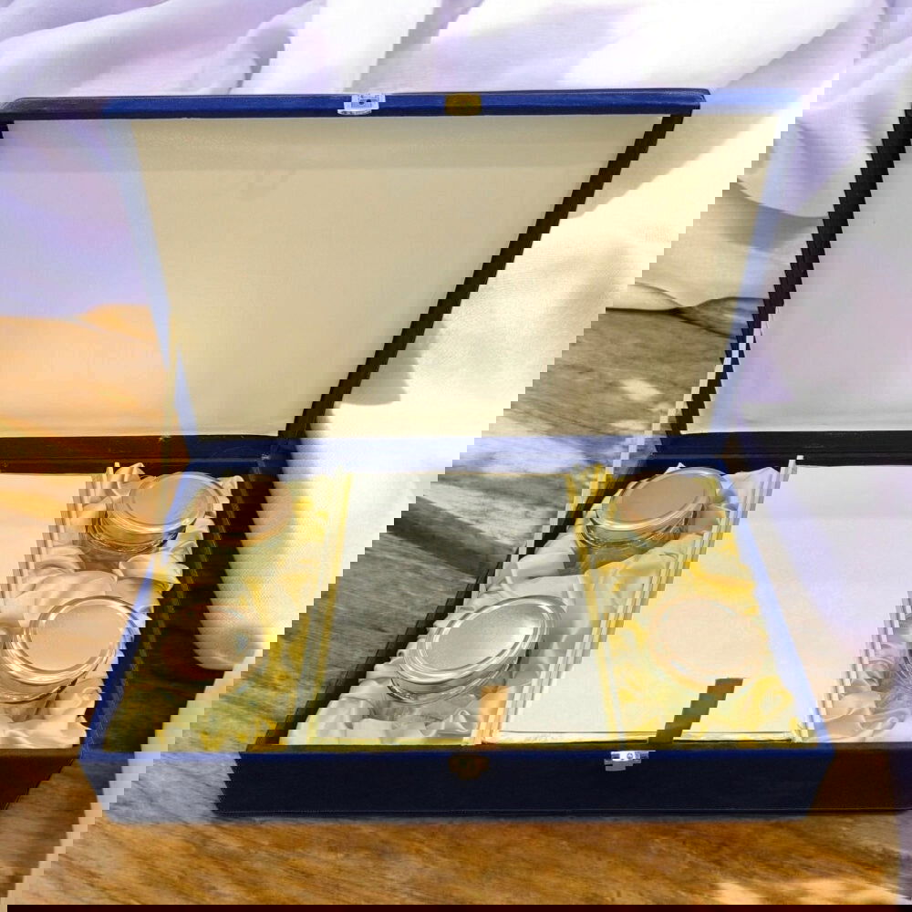 KL9114 Royal Blue Velvet Fabric Mithai and Dry Fruit MDF Box with 2 Printed Card Inserts (4 Jars) - Kalash Cards