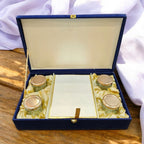 KL9114 Royal Blue Velvet Fabric Mithai and Dry Fruit MDF Box with 2 Printed Card Inserts (4 Jars) - Kalash Cards