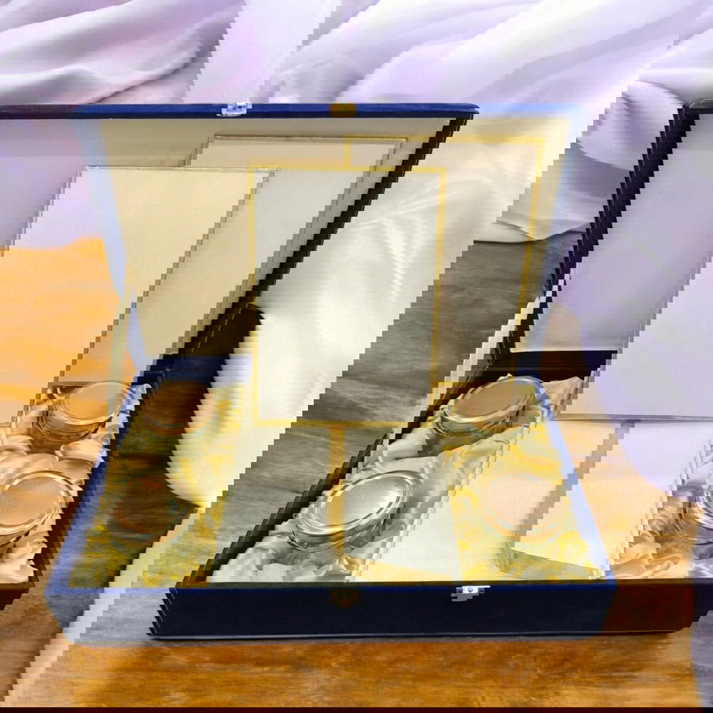 KL9114 Royal Blue Velvet Fabric Mithai and Dry Fruit MDF Box with 2 Printed Card Inserts (4 Jars) - Kalash Cards