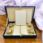 KL9114 Royal Blue Velvet Fabric Mithai and Dry Fruit MDF Box with 2 Printed Card Inserts (4 Jars) - Kalash Cards
