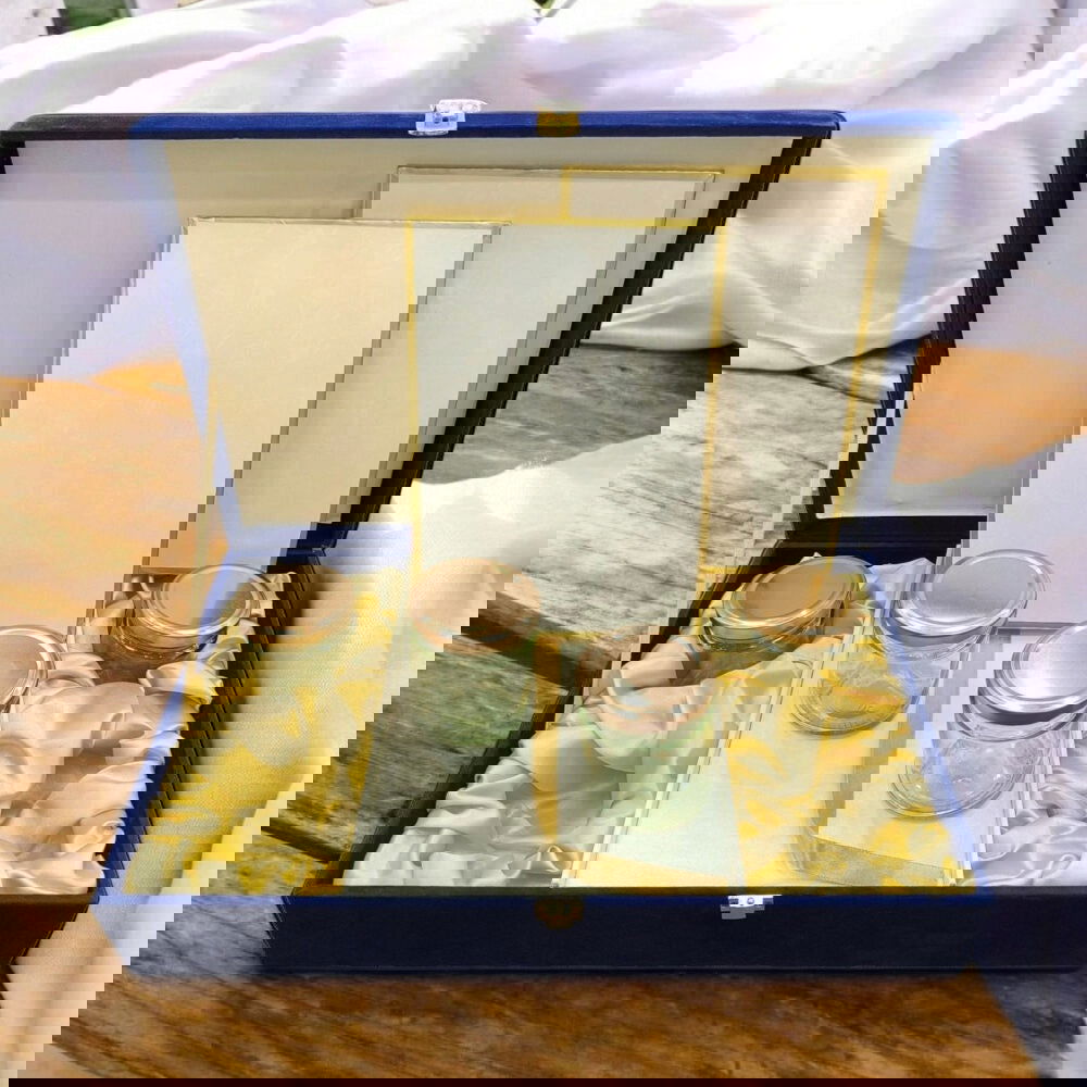 KL9114 Royal Blue Velvet Fabric Mithai and Dry Fruit MDF Box with 2 Printed Card Inserts (4 Jars) - Kalash Cards