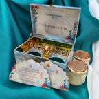 KL9118 Colourful Blue Abstract Luxury MDF Gift Box with 2 Designer Shape Printed Card Inserts and Ganpati Murti (2 Jars) - Kalash Cards