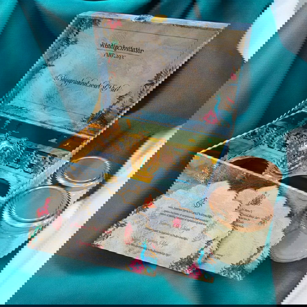 KL9118 Colourful Blue Abstract Luxury MDF Gift Box with 2 Designer Shape Printed Card Inserts and Ganpati Murti (2 Jars) - Kalash Cards