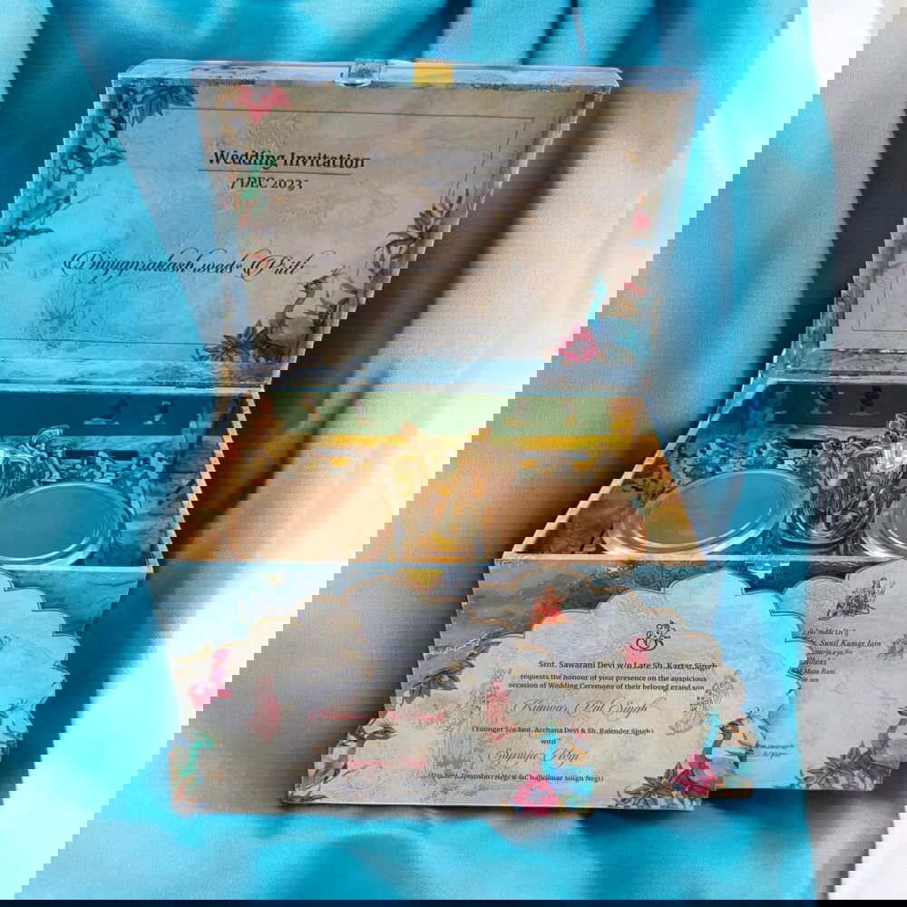 KL9118 Colourful Blue Abstract Luxury MDF Gift Box with 2 Designer Shape Printed Card Inserts and Ganpati Murti (2 Jars) - Kalash Cards