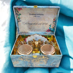 KL9118 Colourful Blue Abstract Luxury MDF Gift Box with 2 Designer Shape Printed Card Inserts and Ganpati Murti (2 Jars) - Kalash Cards