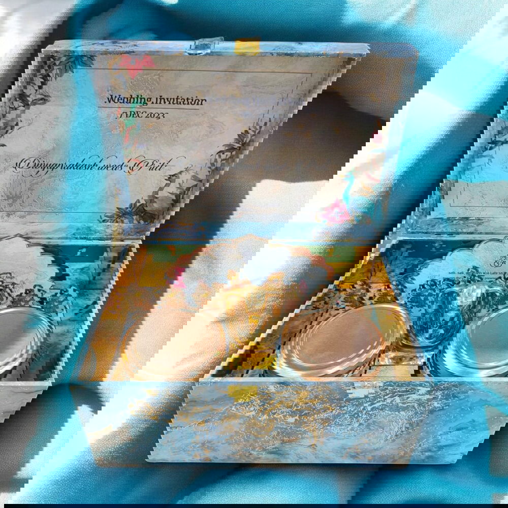 KL9118 Colourful Blue Abstract Luxury MDF Gift Box with 2 Designer Shape Printed Card Inserts and Ganpati Murti (2 Jars) - Kalash Cards