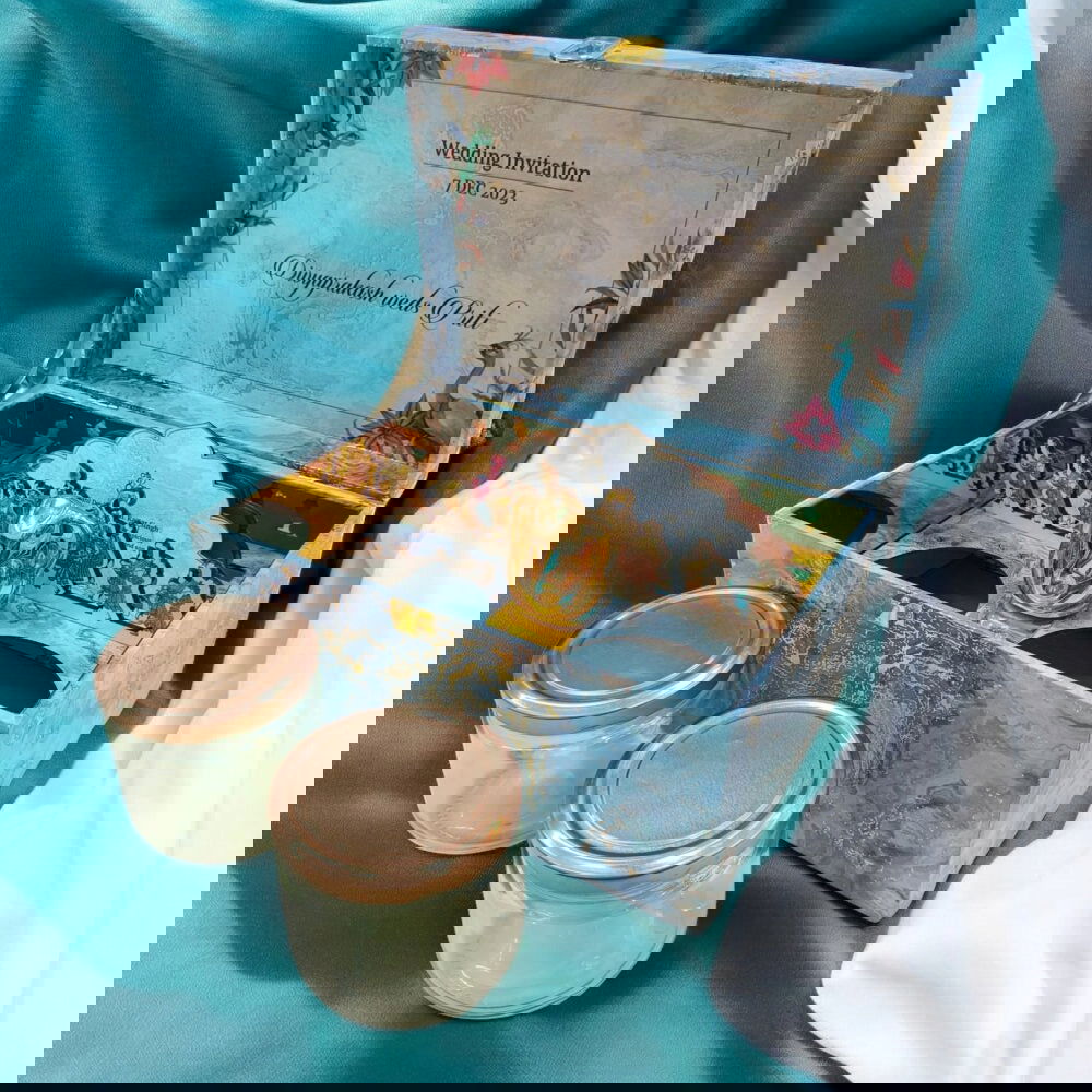 KL9118 Colourful Blue Abstract Luxury MDF Gift Box with 2 Designer Shape Printed Card Inserts and Ganpati Murti (2 Jars) - Kalash Cards