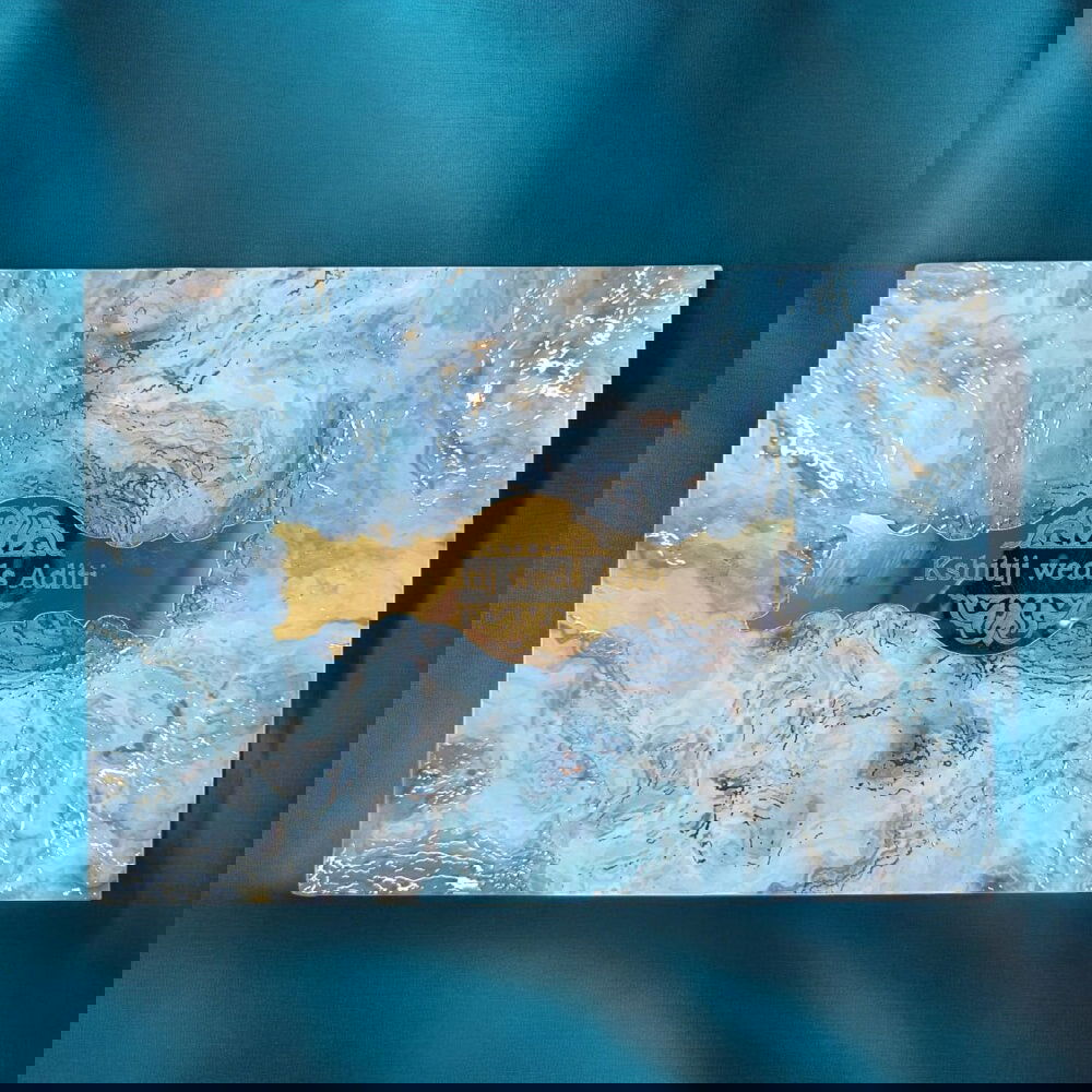 KL9118 Colourful Blue Abstract Luxury MDF Gift Box with 2 Designer Shape Printed Card Inserts and Ganpati Murti (2 Jars) - Kalash Cards