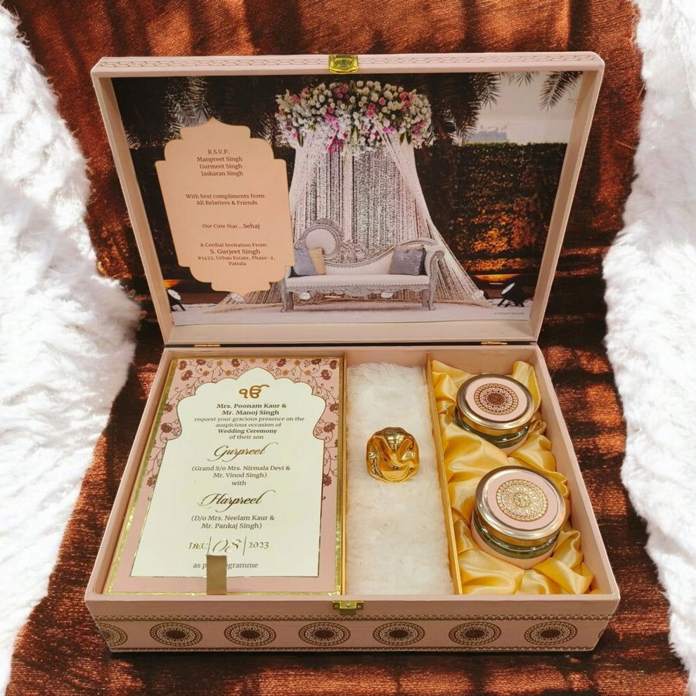 KL9119 Traditional Design Luxury MDF Gift Wedding Box with 2 Foil Printed Card Inserts and Ganpati Murti (2 Jars) - Kalash Cards