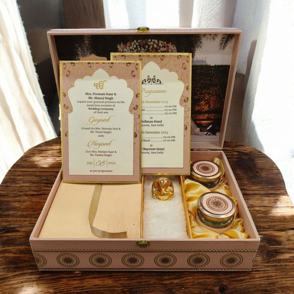 KL9119 Traditional Design Luxury MDF Gift Wedding Box with 2 Foil Printed Card Inserts and Ganpati Murti (2 Jars) - Kalash Cards