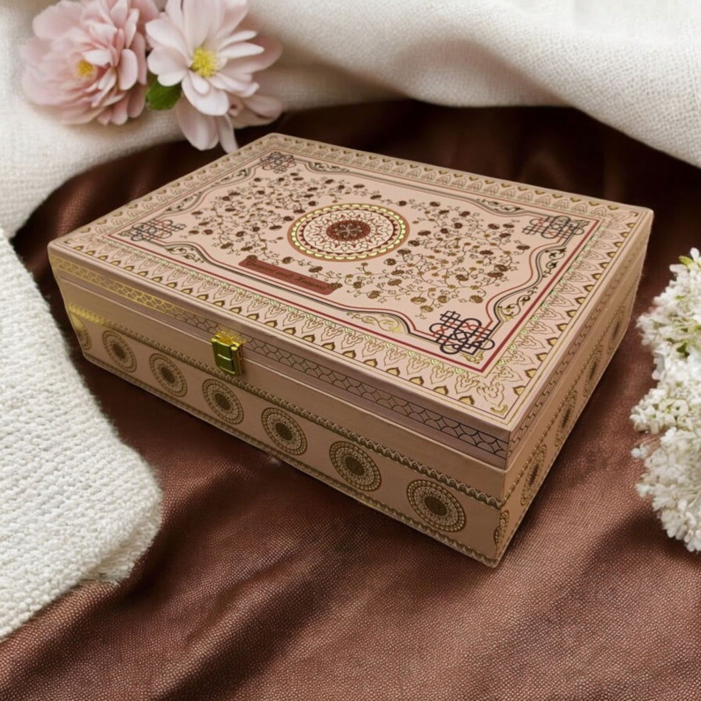 KL9119 Traditional Design Luxury MDF Gift Wedding Box with 2 Foil Printed Card Inserts and Ganpati Murti (2 Jars) - Kalash Cards