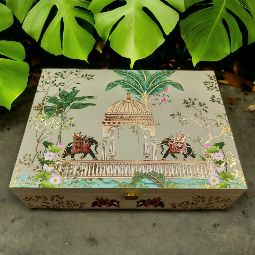 KL9120 Royal Elephant Design Luxury Gift MDF Box with 2 Foil Printed Card Inserts (2 Jars) - Kalash Cards
