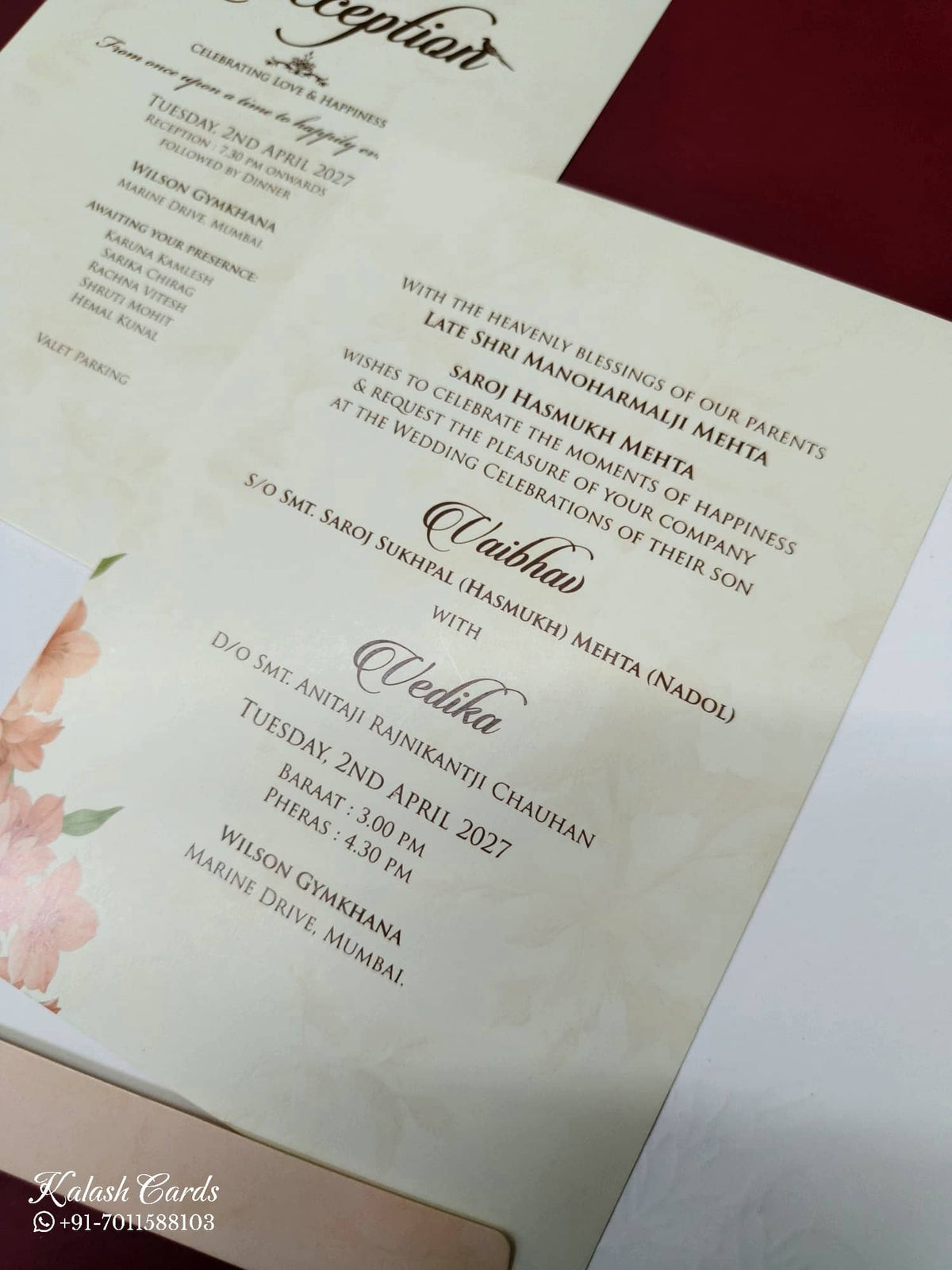 KLB-1000 Peach Floral Door Style Wedding Card (2 Page & Couple Name Acrylic)